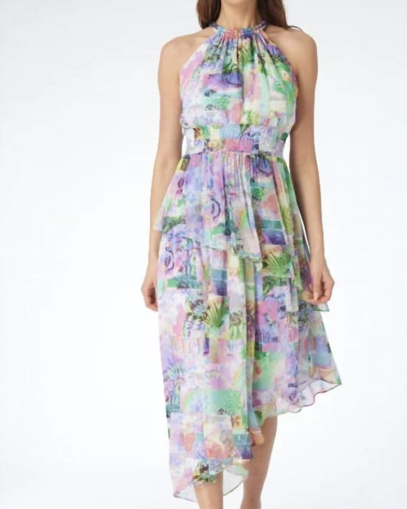Front of a model wearing a size L Margot Dress in Scenery in Scenery by GILNER FARRAR. | dia_product_style_image_id:337448